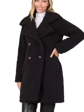 Zenana Outfitters Black Teddy Double-Breasted Coat